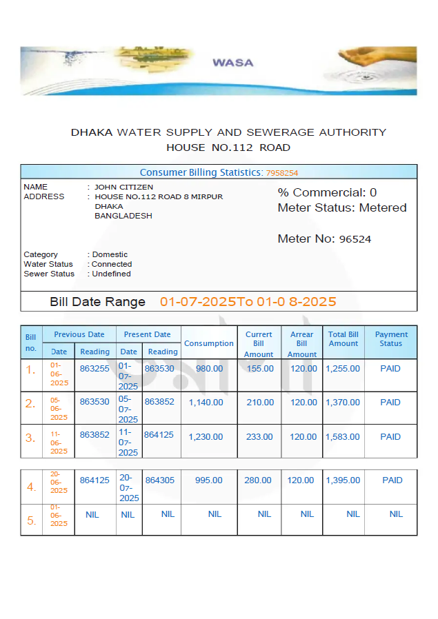 Bangladesh Dhaka Water Supply and Sewerage Authority utility bill template in Word and PDF formats